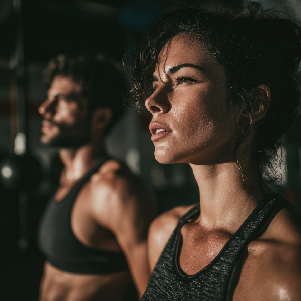 Romanian adults practicing flexibility exercises in a modern fitness studio, showing various age groups stretching and moving with focused, joyful expressions